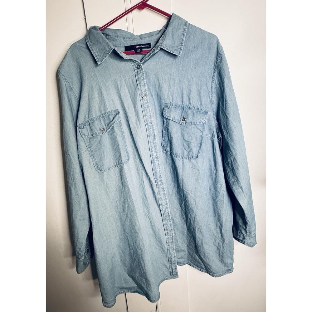 Denim 24/7 Women's  Button Work Shirt Blue Chambray 26W Light Wash Long Sleeve